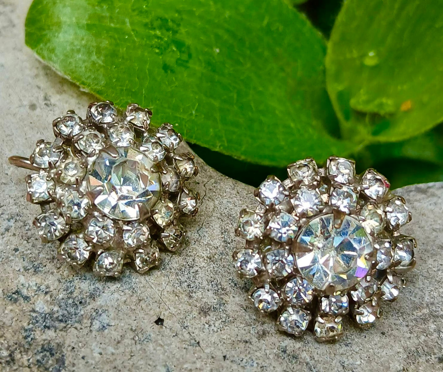 One Pair of Vintage 1940-50's Round Rhinestone Starburst Earrings