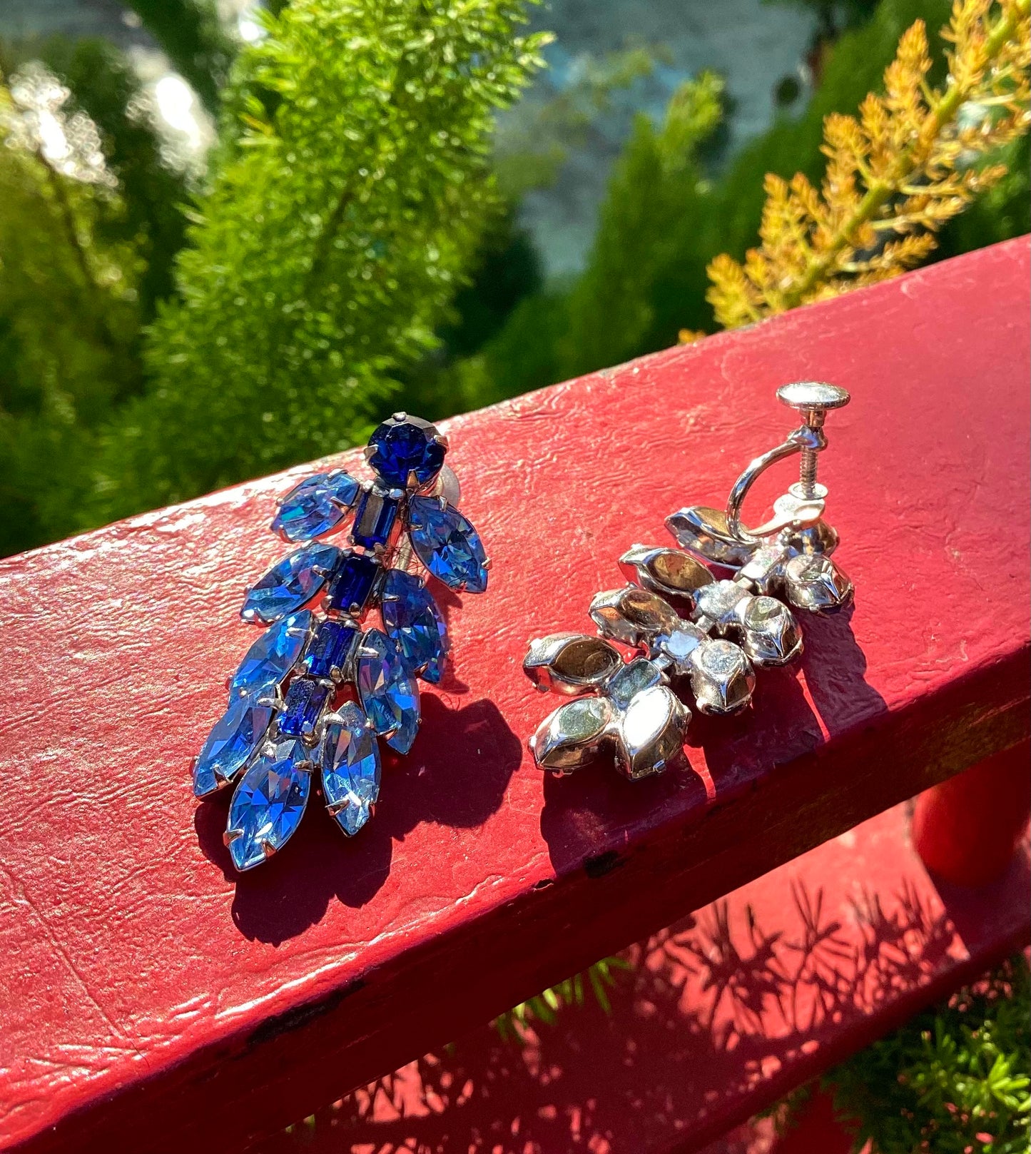 One pair of 1950's-60's blue rhinestone earrings