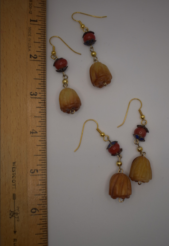 Two pairs of vintage bohemian style yellow jade and red agate dangle earrings