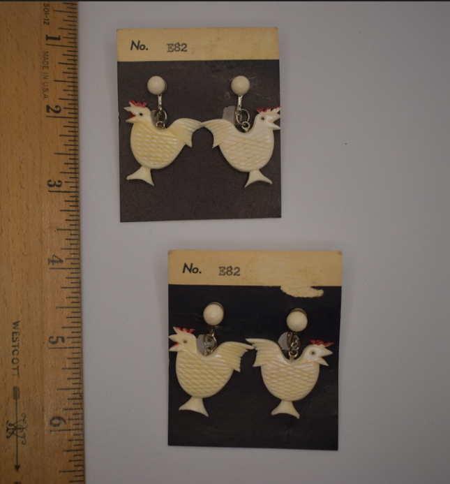 Two pairs of 1940's vintage chicken/ rooster earrings