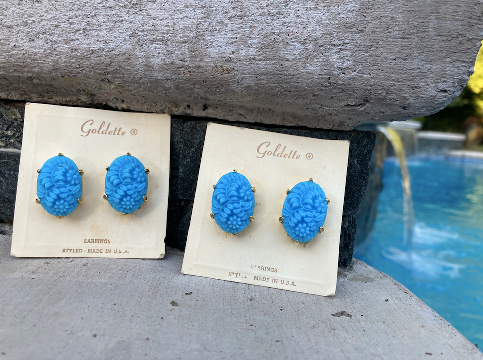 Two pairs of 1950's-60's vintage aqua blue earrings Mid-Century (Brand New Never Worn)