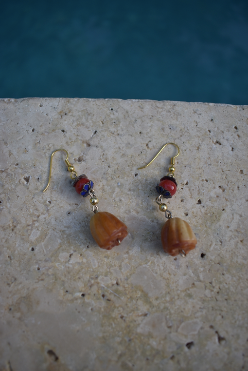 Two pairs of vintage bohemian style yellow jade and red agate dangle earrings