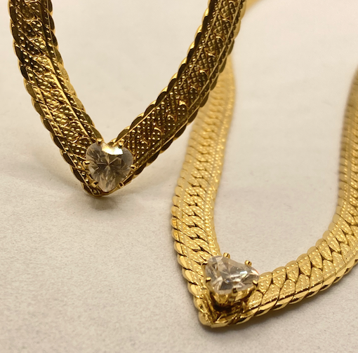 Two 1980-90's vintage heart rhinestone and gold herringbone necklaces