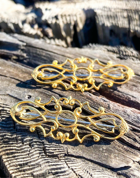 Two 1980-90's Vintage Gold Plated Victorian Revival Filigree Pins
