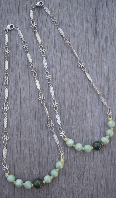 Two Newly Crafted Matching 1920-30's Style Hand-Strung Jade Necklaces with Vintage Silver Plated Chain