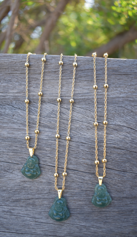 Three 1970's-80's Vintage Hand Carved Jade Budha Pendants on 18" Gold Plated Chain