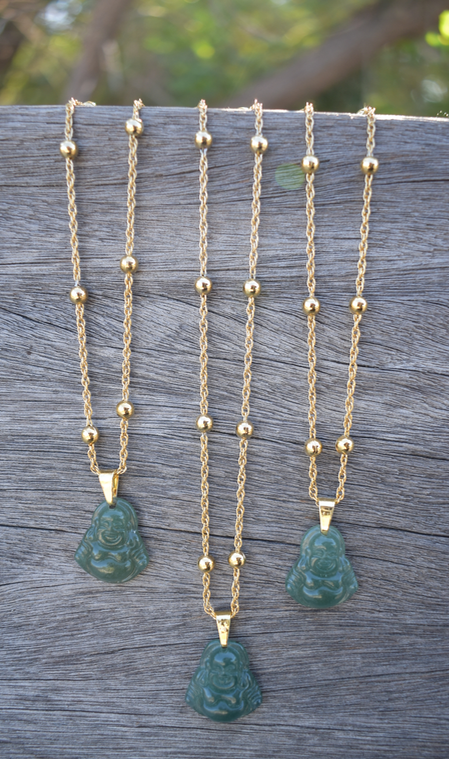 Three 1970's-80's Vintage Hand Carved Jade Budha Pendants on 18" Gold Plated Chain