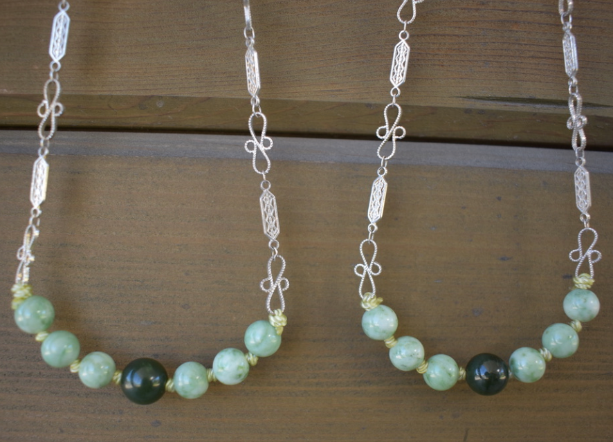 Two Newly Crafted Matching 1920-30's Style Hand-Strung Jade Necklaces with Vintage Silver Plated Chain