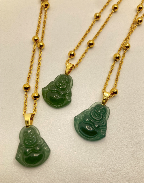Three 1970's-80's Vintage Hand Carved Jade Budha Pendants on 18" Gold Plated Chain
