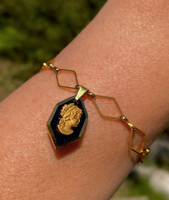 One 18K Gold Plated Bracelet with Vintage Black and Gold Cameo Charm