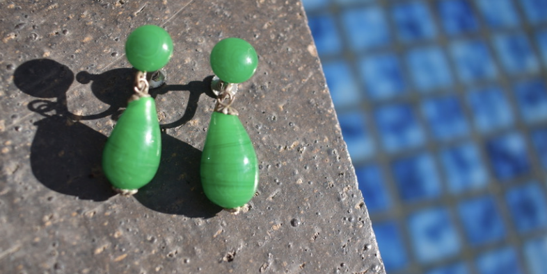 One Pair Vintage 1950-60's Japanese Green Teardrop Dangle Earrings