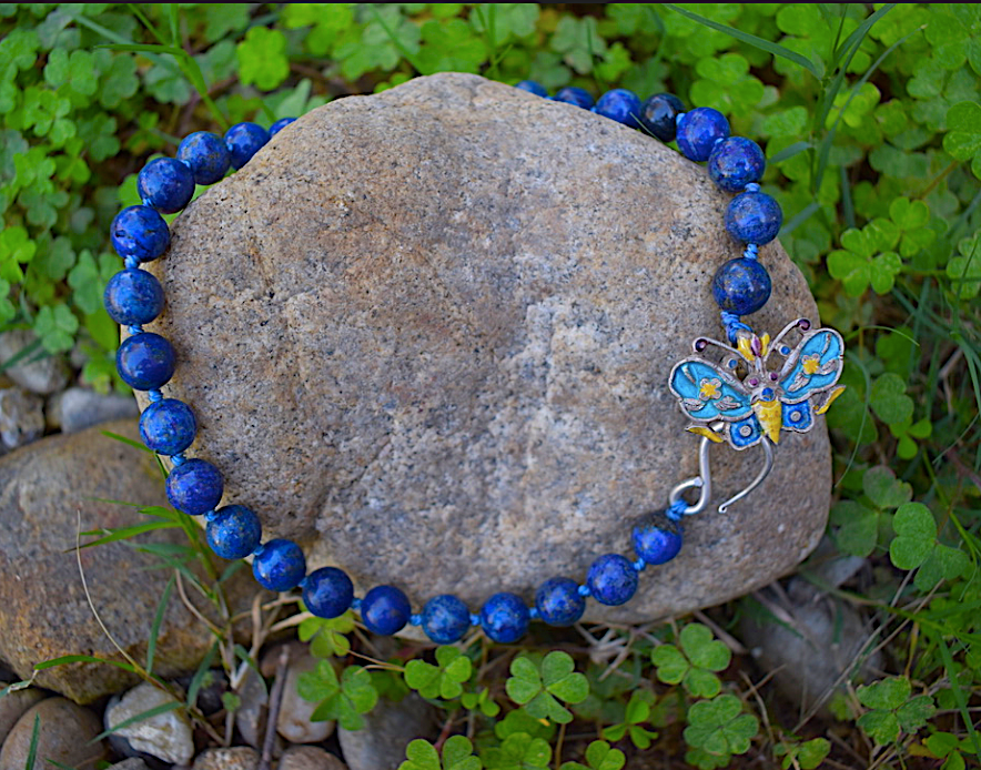 One Newly Crafted 1920-30's Style Hand-Beaded Sodalite Necklace with Vintage Sterling Silver Butterfly Closure