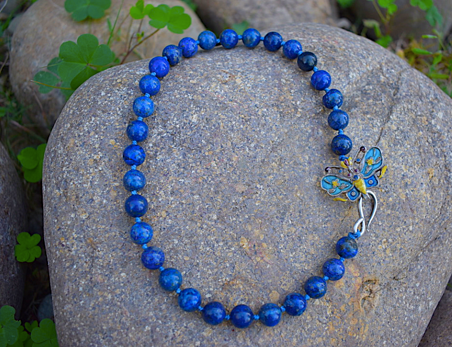 One Newly Crafted 1920-30's Style Hand-Beaded Sodalite Necklace with Vintage Sterling Silver Butterfly Closure