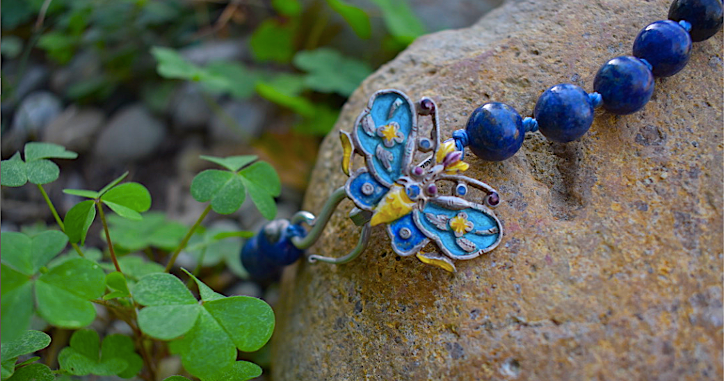One Newly Crafted 1920-30's Style Hand-Beaded Sodalite Necklace with Vintage Sterling Silver Butterfly Closure
