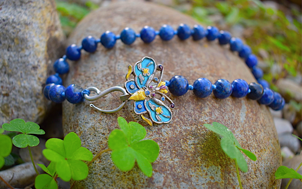One Newly Crafted 1920-30's Style Hand-Beaded Sodalite Necklace with Vintage Sterling Silver Butterfly Closure