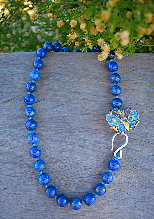 One Newly Crafted 1920-30's Style Hand-Beaded Sodalite Necklace with Vintage Sterling Silver Butterfly Closure