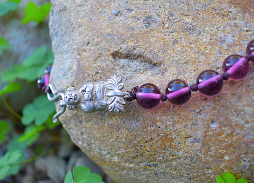 One Newly Crafted 1920-30's Hand-Beaded Japanese Glass Necklace with Sterling Silver Laughing Buddha Closure