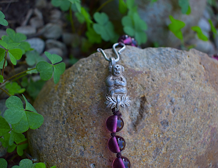 One Newly Crafted 1920-30's Hand-Beaded Japanese Glass Necklace with Sterling Silver Laughing Buddha Closure