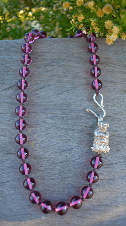 One Newly Crafted 1920-30's Hand-Beaded Japanese Glass Necklace with Sterling Silver Laughing Buddha Closure