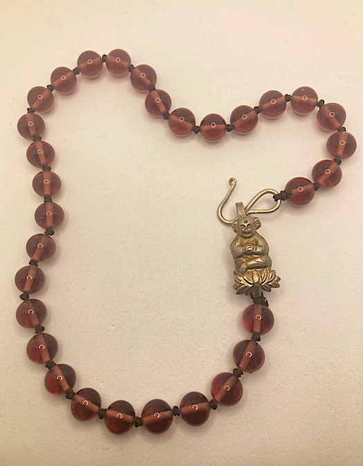 One Newly Crafted 1920-30's Hand-Beaded Japanese Glass Necklace with Sterling Silver Laughing Buddha Closure