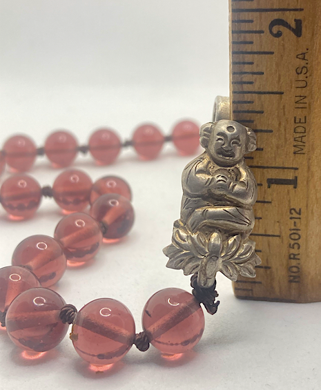 One Newly Crafted 1920-30's Hand-Beaded Japanese Glass Necklace with Sterling Silver Laughing Buddha Closure