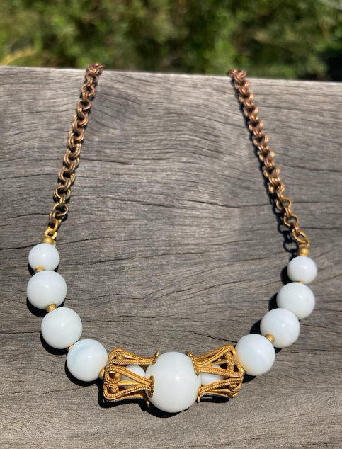 One 1940's-50's Vintage Miraim Haskell Milk Glass and Brass Necklace