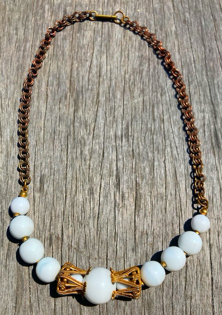 One 1940's-50's Vintage Miraim Haskell Milk Glass and Brass Necklace