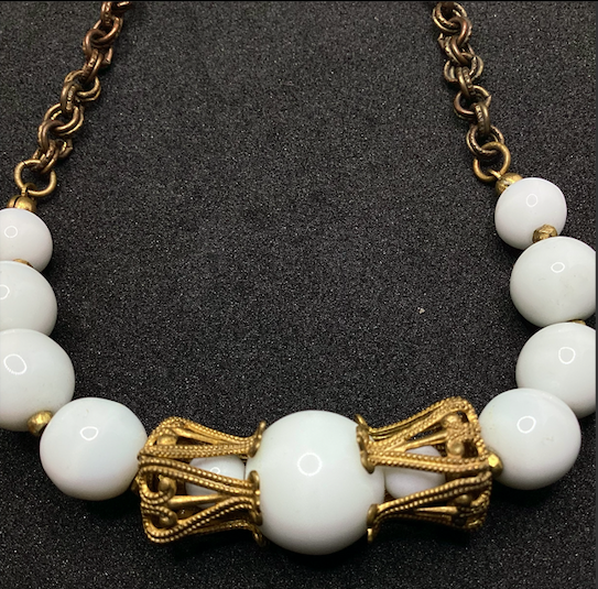 One 1940's-50's Vintage Miraim Haskell Milk Glass and Brass Necklace