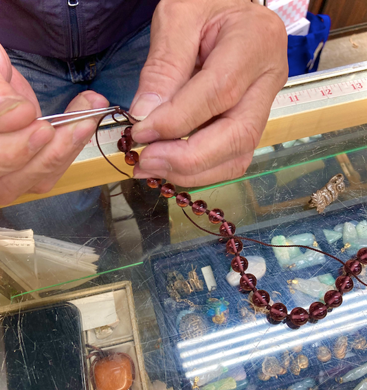 One Newly Crafted 1920-30's Hand-Beaded Japanese Glass Necklace with Sterling Silver Laughing Buddha Closure