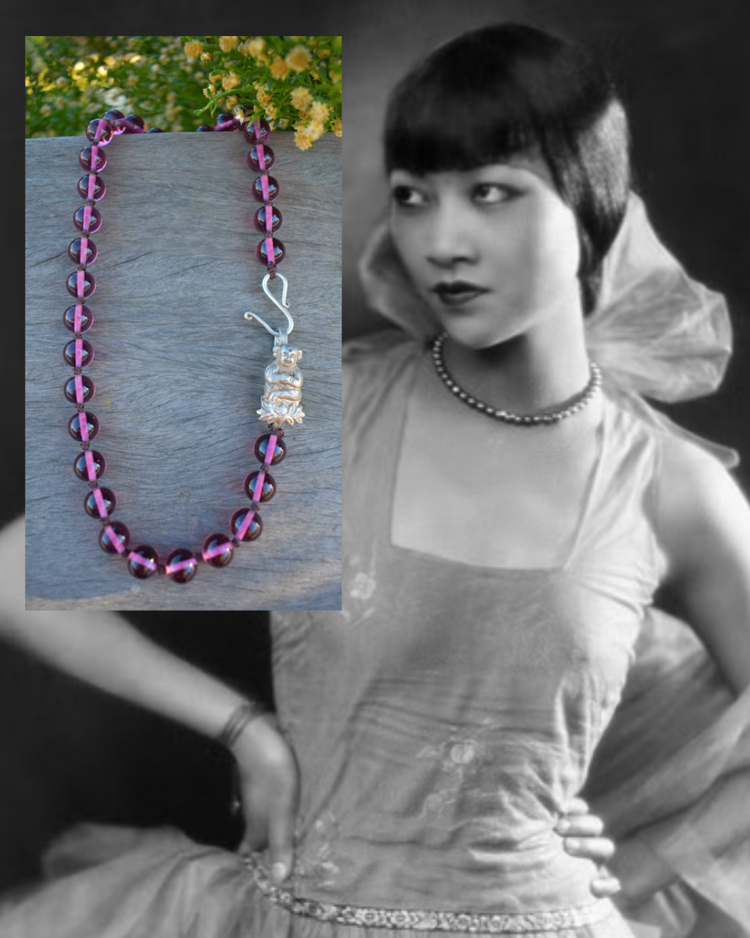 One Newly Crafted 1920-30's Hand-Beaded Japanese Glass Necklace with Sterling Silver Laughing Buddha Closure