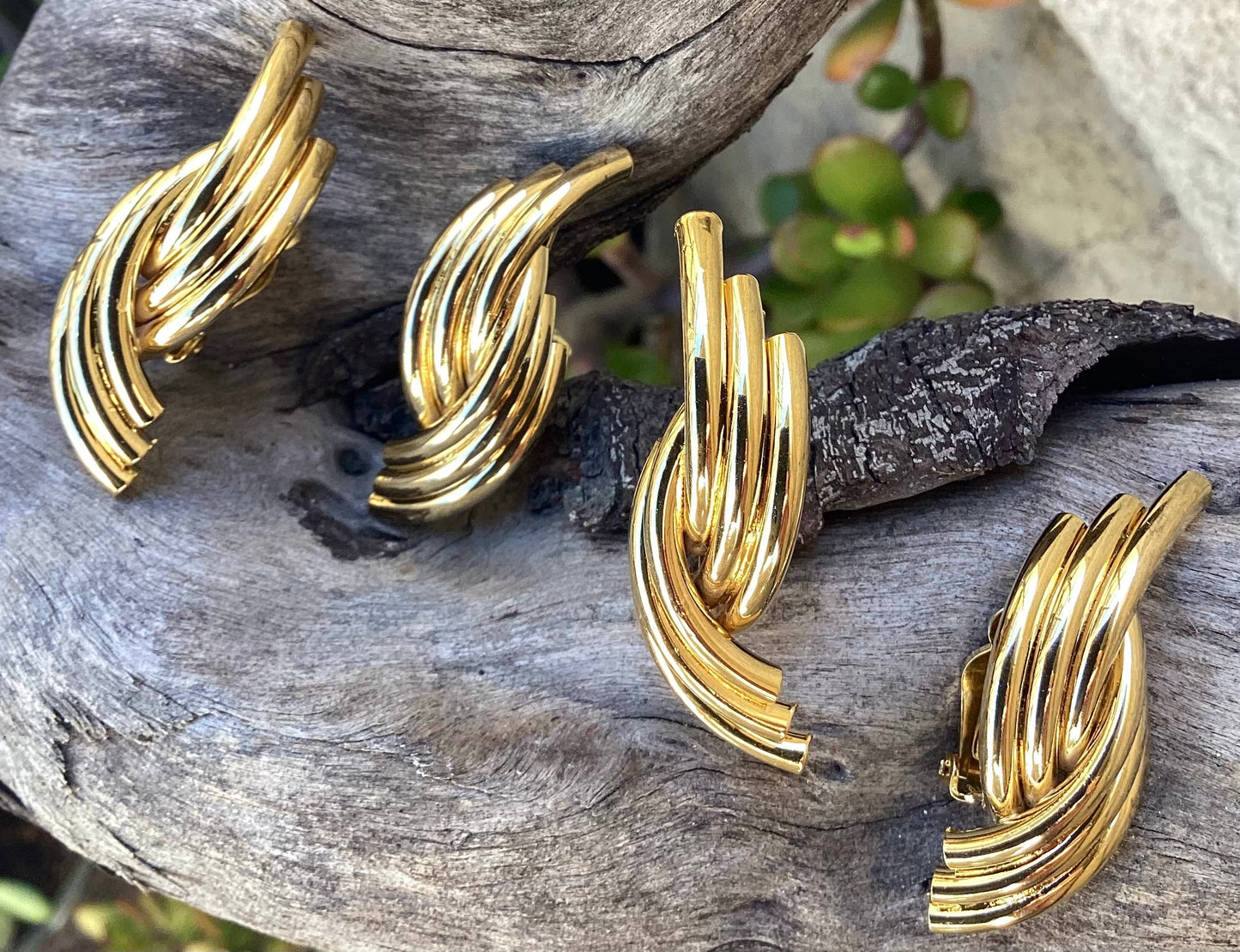 Two pairs of vintage 1980-90's gold plated twisted and ribbed clip-on earrings