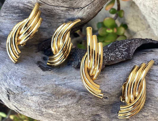 Two pairs of vintage 1980-90's gold plated twisted and ribbed clip-on earrings