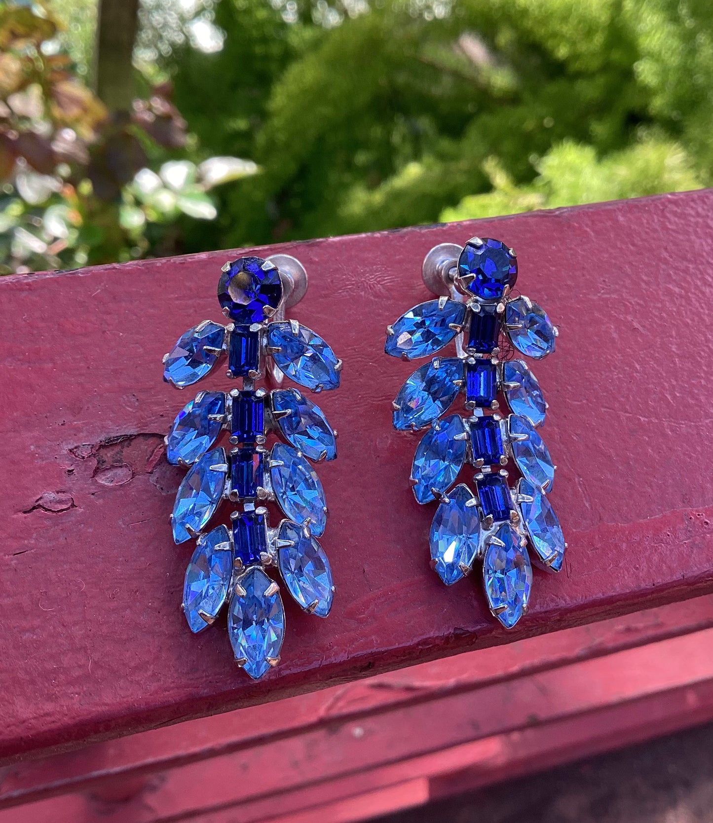 One pair of 1950's-60's blue rhinestone earrings