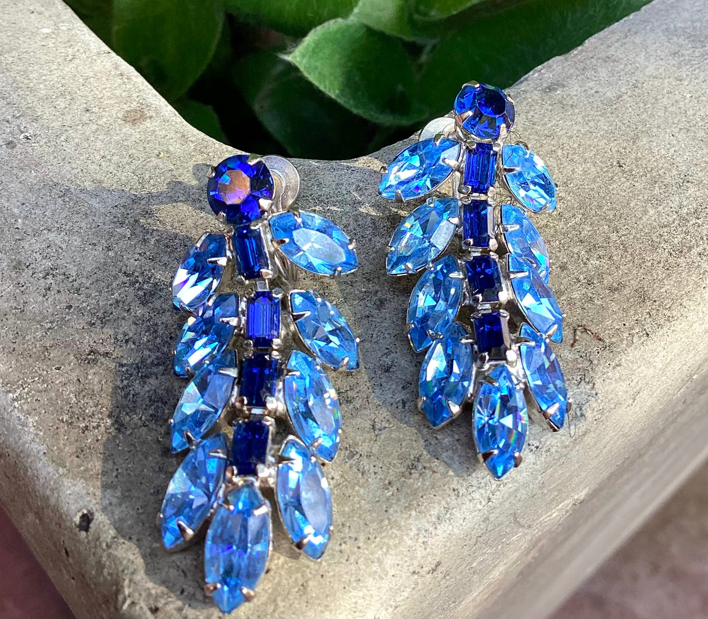 One pair of 1950's-60's blue rhinestone earrings