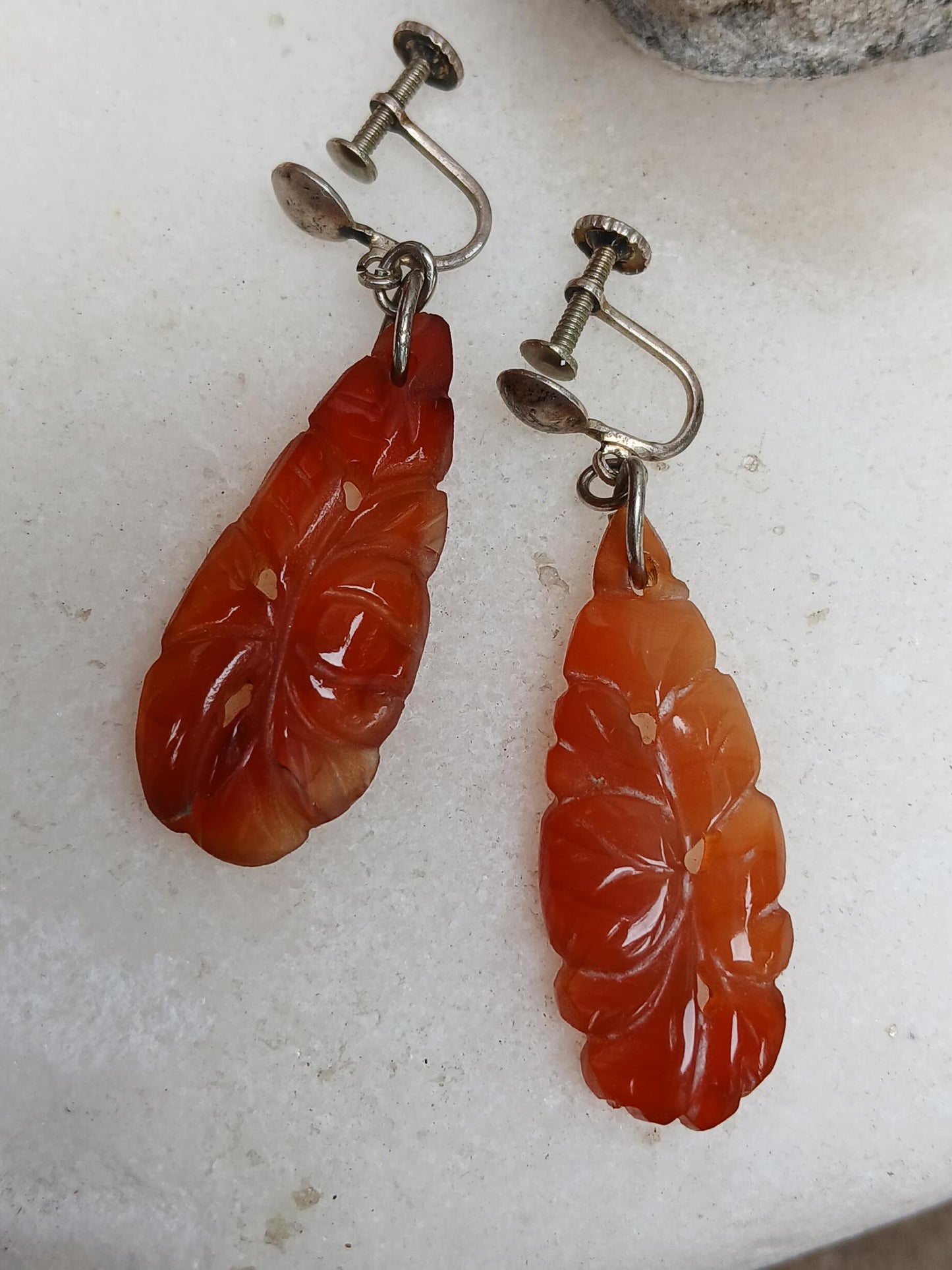 One pair of Vintage Art Nouveau Hand-Carved Carnelian Earrings with Sterling Silver Screw Backs