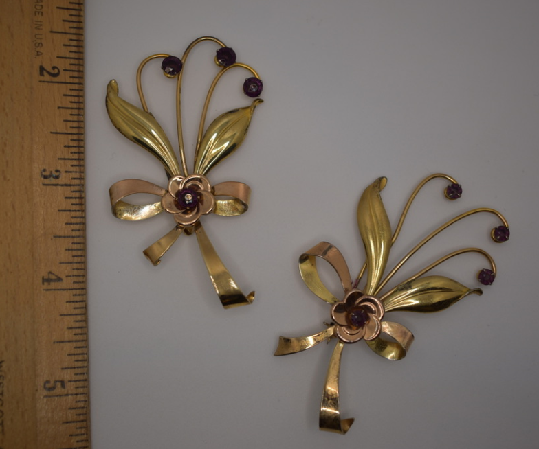 Two 1930's-40's Vintage Gold Filled Brooches with Purple Rhinestones