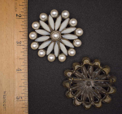 Two vintage reproduction 1930's-50's faux pearl and milk glass rhinestone brass brooches