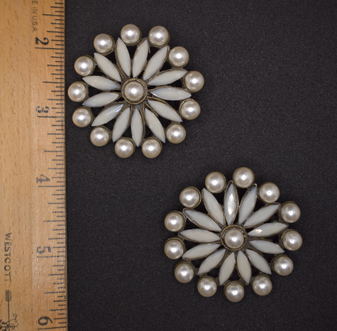 Two vintage reproduction 1930's-50's faux pearl and milk glass rhinestone brass brooches