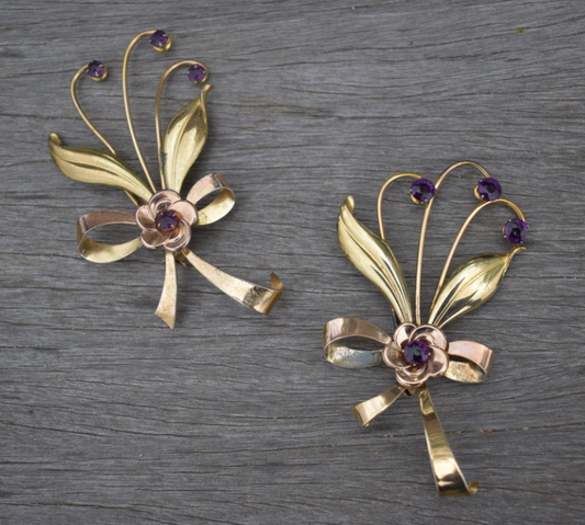 Two 1930's-40's Vintage Gold Filled Brooches with Purple Rhinestones