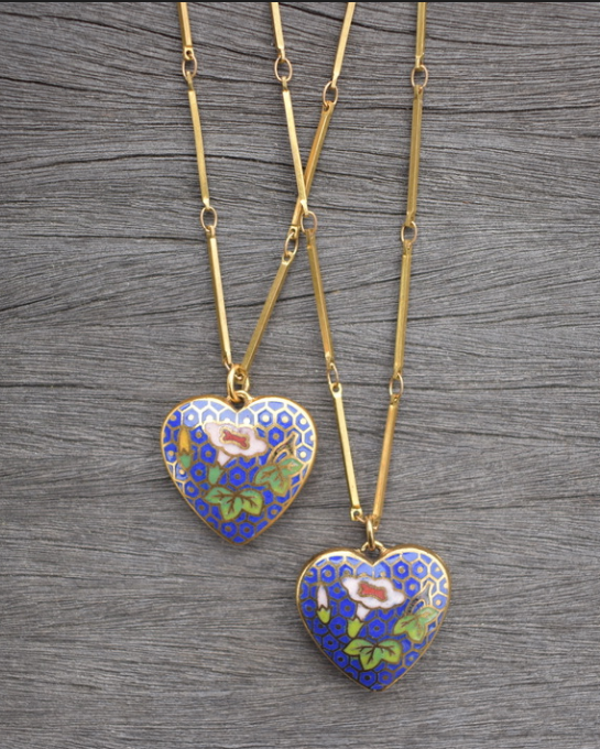 Two 1970's-90's vintage blue cloisonne heart pendants on a gold tone chain