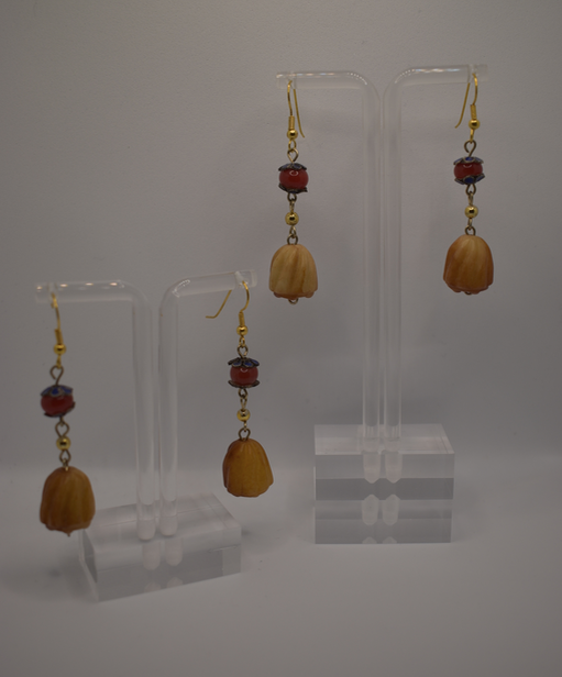 Two pairs of vintage bohemian style yellow jade and red agate dangle earrings