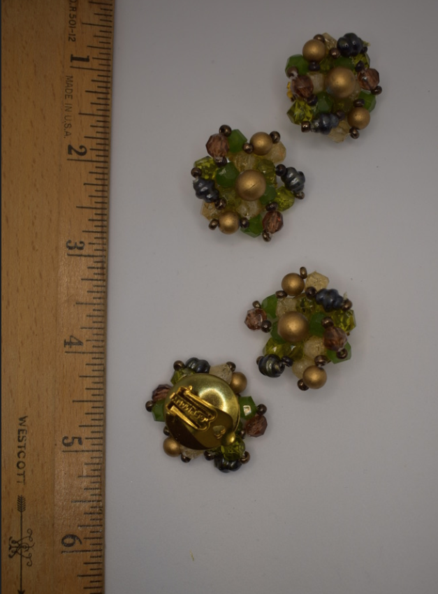 Two pairs of vintage 1950's-60's green beaded cluster earrings