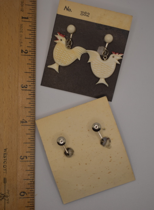Two pairs of 1940's vintage chicken/ rooster earrings
