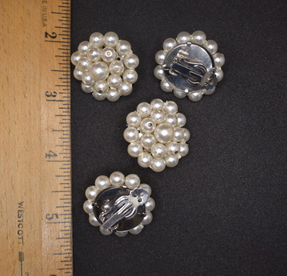 Two pairs of 1950's- 60's vintage  white faux pearl beaded clip on earrings