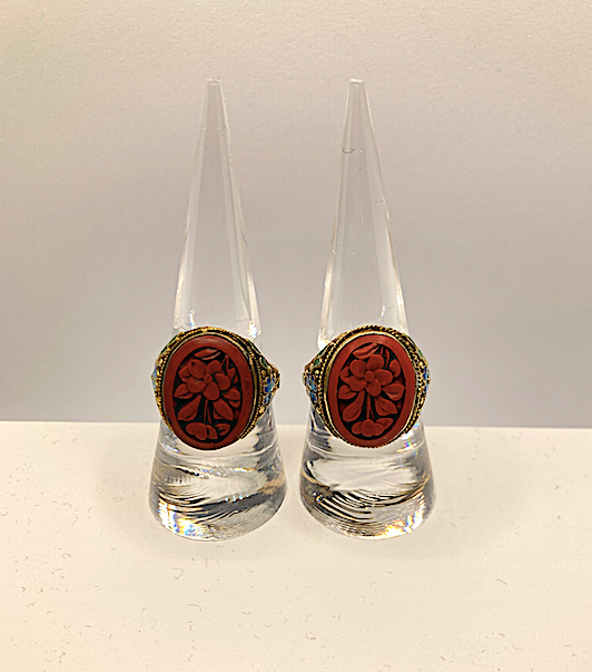 Two Art Deco vintage Gold Vermeil with hand painted Enamel and Carved Cinnabar rings
