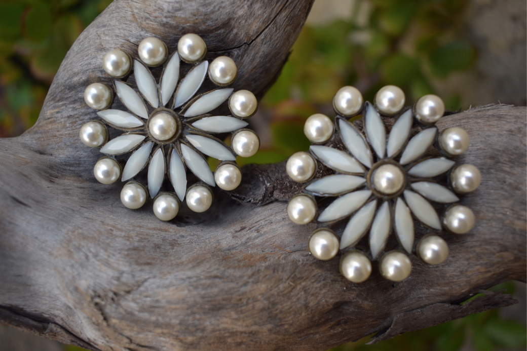 Two vintage reproduction 1930's-50's faux pearl and milk glass rhinestone brass brooches