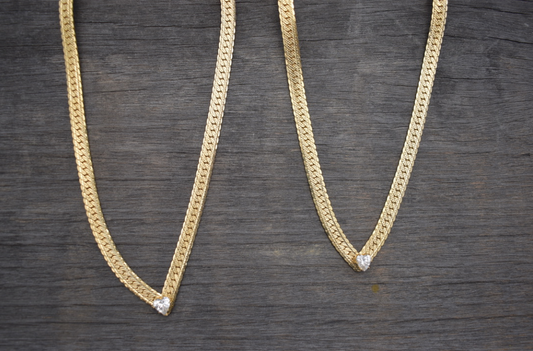 Two 1980-90's vintage heart rhinestone and gold herringbone necklaces