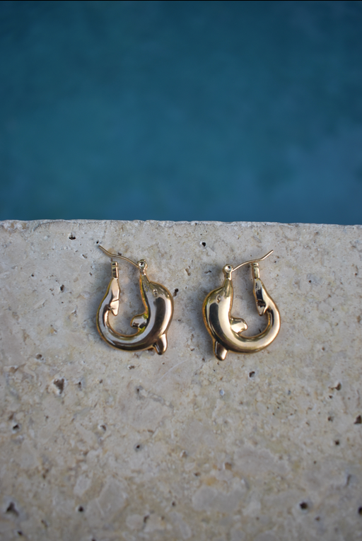 Two pairs of 1970-80's vintage gold tone dolphin hoop earrings 7/8" diameter