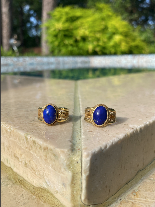 Two vintage Neo Etruscan/Victorian Revival vintage gold vermeil over sterling silver lapis (7 mm stone) rings