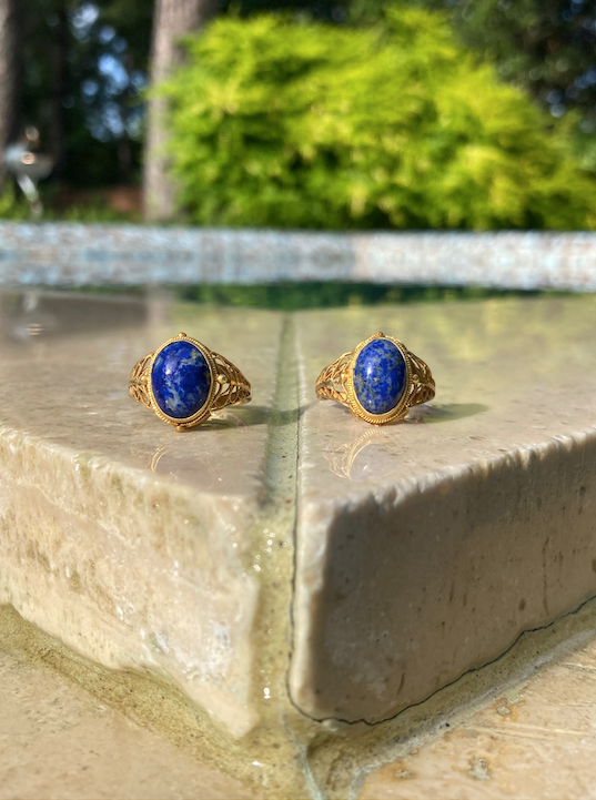 Two vintage Neo Etruscan Revival/ Victorian Revival gold vermeil over sterling silver lapis rings